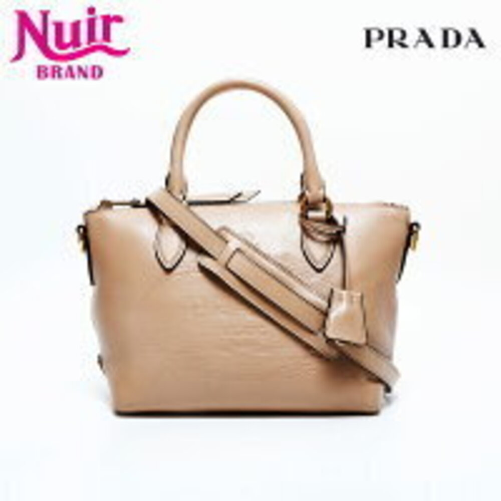 Prada Logo Embossed Leather Handbag Beige